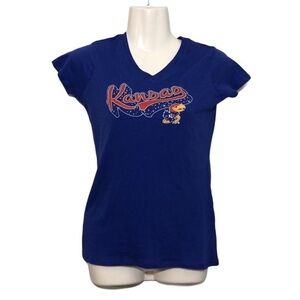 NWOT Blue Red Kansas University Jayhawks V-Neck Tee T-Shirt Top New Girls Large